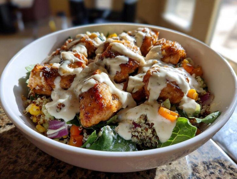 Close-up of a Honey Mustard Chicken Bowl featuring glazed chicken pieces topped with a generous drizzle of creamy sauce over quinoa and greens.