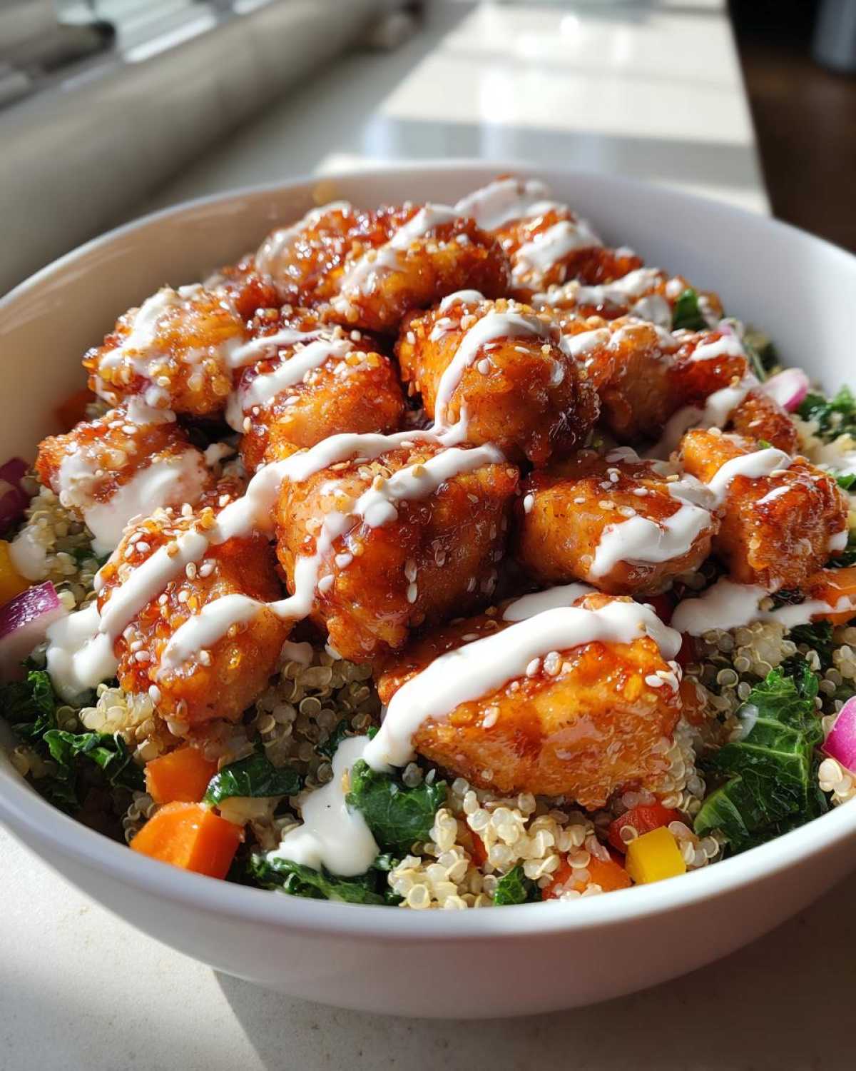 Close-up of a Honey Mustard Chicken Bowl featuring crispy chicken pieces drizzled with creamy sauce over quinoa and greens.