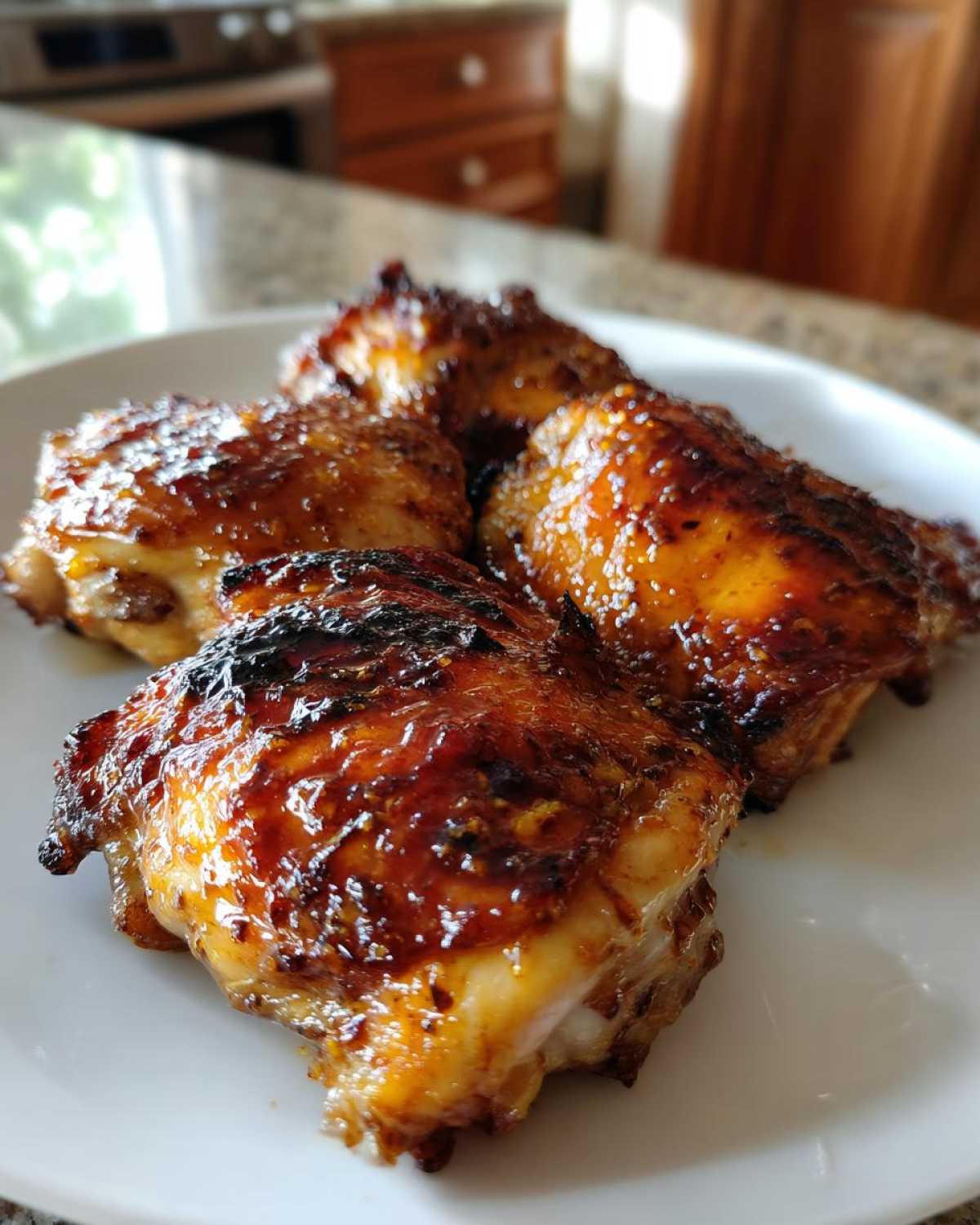 Four perfectly cooked Honey Mustard Chicken Thighs Oven Roasted pieces with a dark, glossy glaze on a white plate.