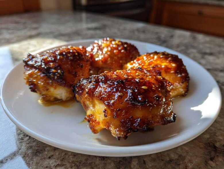 Four glistening Honey Mustard Chicken Thighs Oven Roasted on a white plate with a sticky, caramelized glaze.