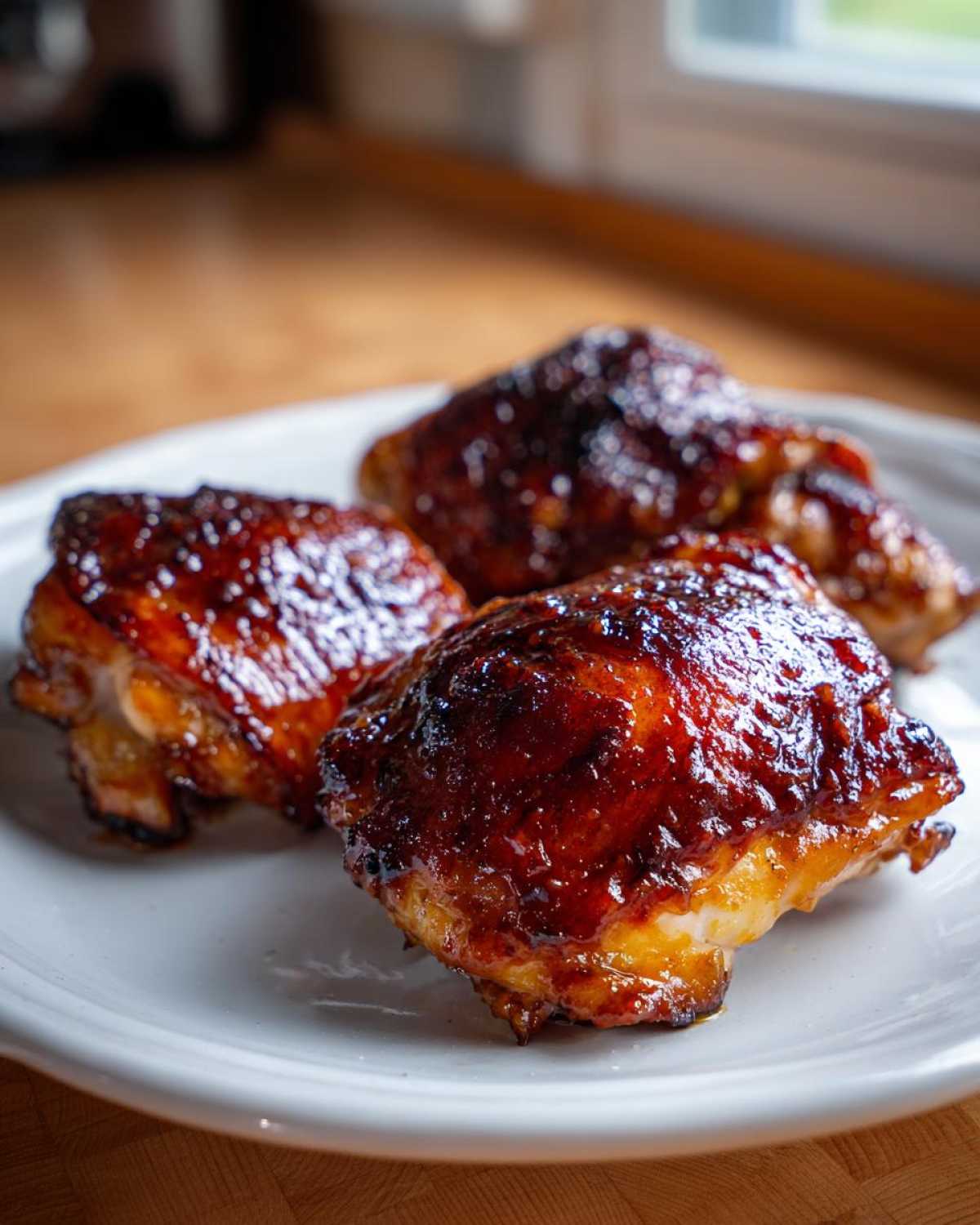 Three perfectly glazed Honey Mustard Chicken Thighs Oven Roasted served on a white plate.