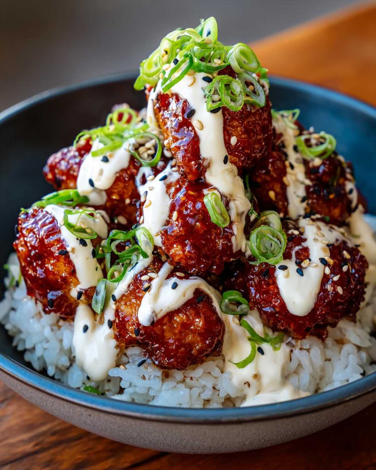 Close-up of a Honey Soy Chicken Bowl featuring crispy chicken pieces drizzled with garlic sauce over rice.