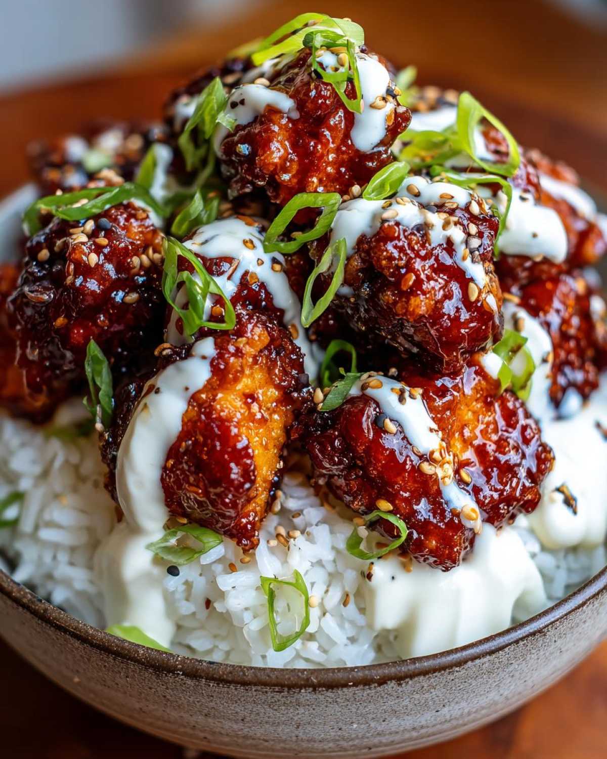 Close-up of a Honey Soy Chicken Bowl with Garlic Sauce, featuring glazed chicken pieces over rice, drizzled with white sauce and topped with green onions.