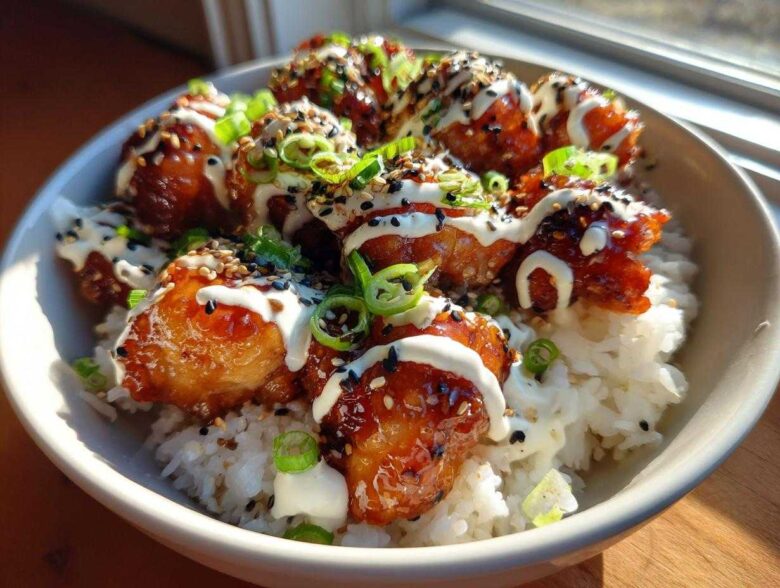 Close-up of a Honey Soy Chicken Bowl with Garlic Sauce, featuring glazed chicken pieces over white rice, drizzled with white sauce and topped with sesame seeds and scallions.