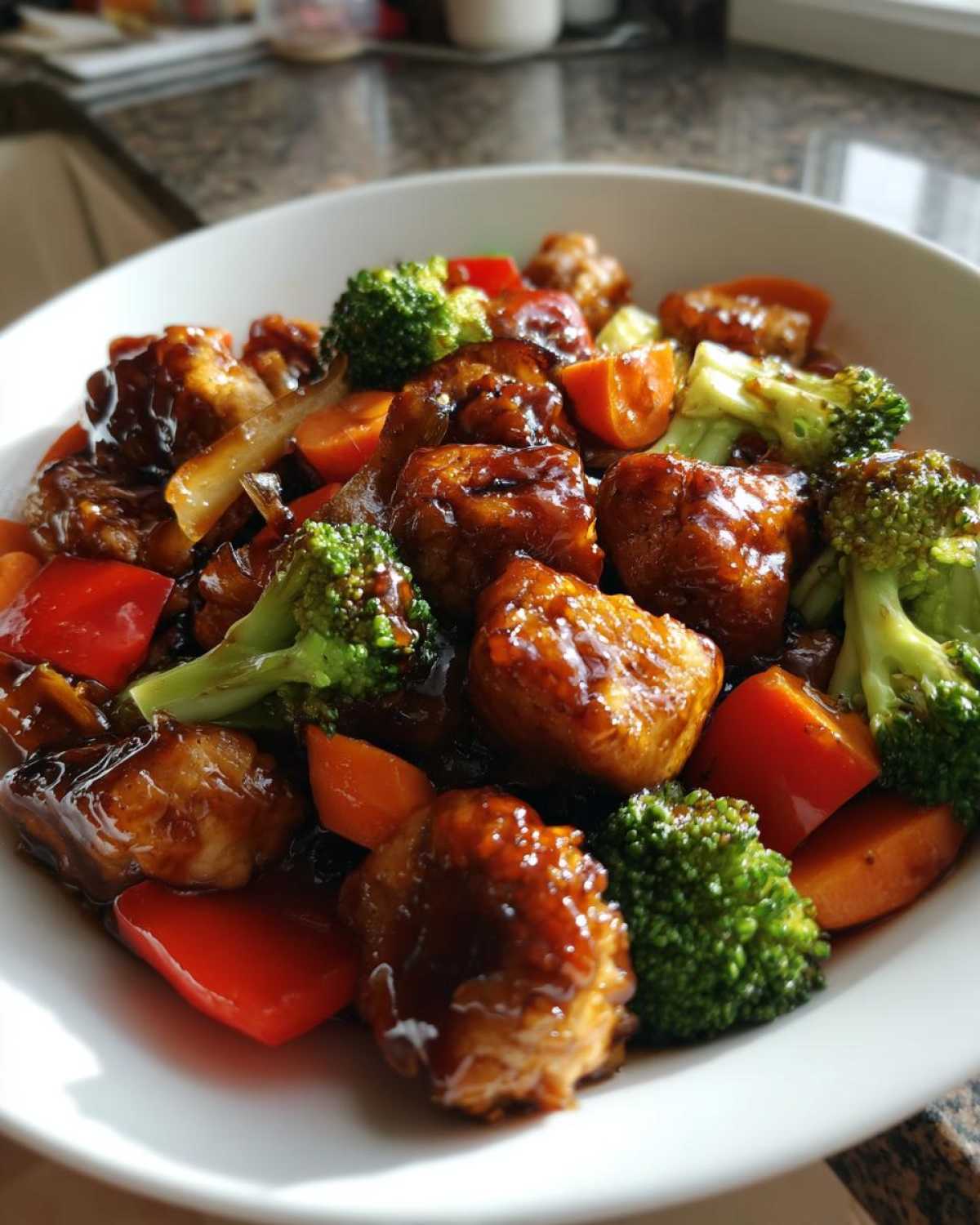 Close-up of bite-sized chicken pieces coated in glossy sauce mixed with broccoli, carrots, and red peppers in the Honey Soy Chicken Skillet.