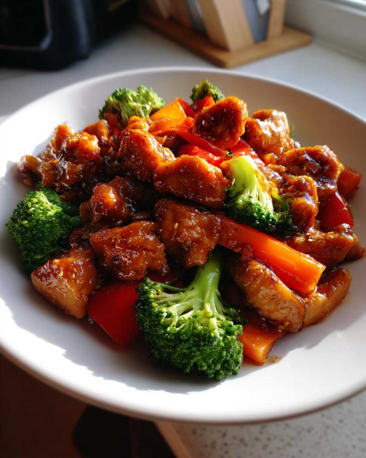 Close-up of Honey Soy Chicken Skillet with chunks of glazed chicken, bright green broccoli florets, and red bell peppers in a white bowl.
