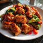 Close-up of Honey Soy Chicken Skillet with crispy chicken pieces, broccoli florets, and red peppers coated in a glossy sauce.