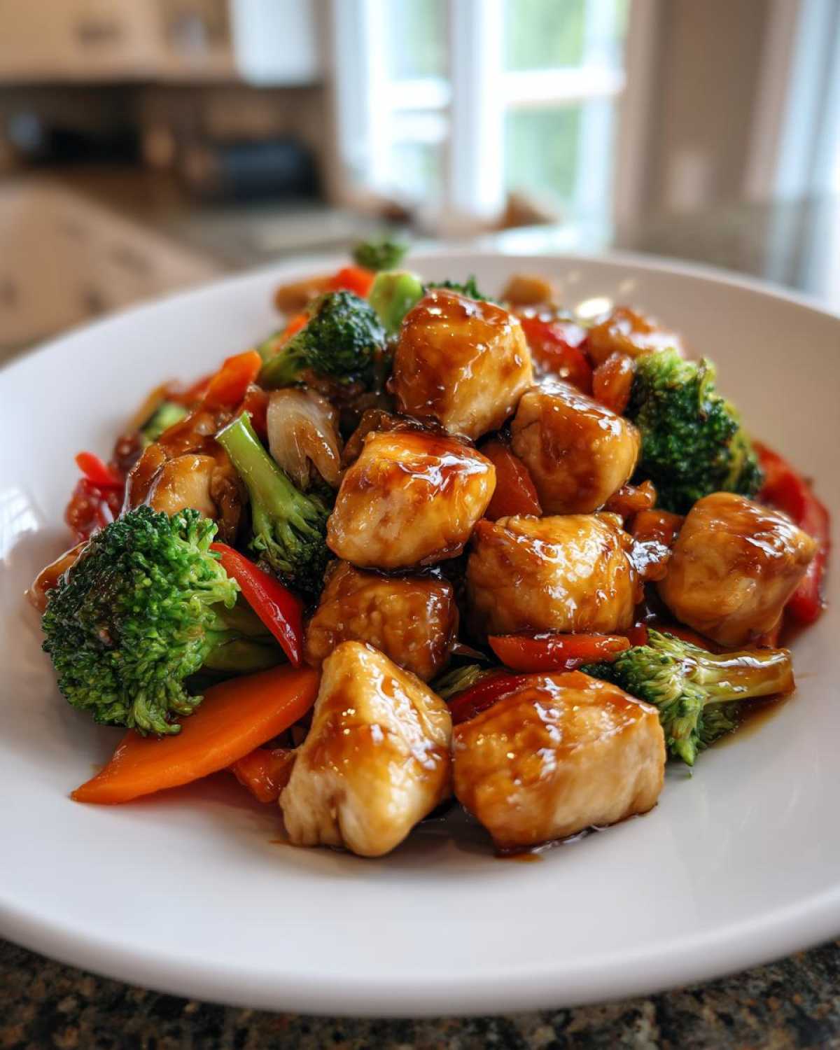 Close-up of Honey Soy Chicken Skillet with glossy chicken pieces, bright green broccoli, and orange carrots on a white plate.