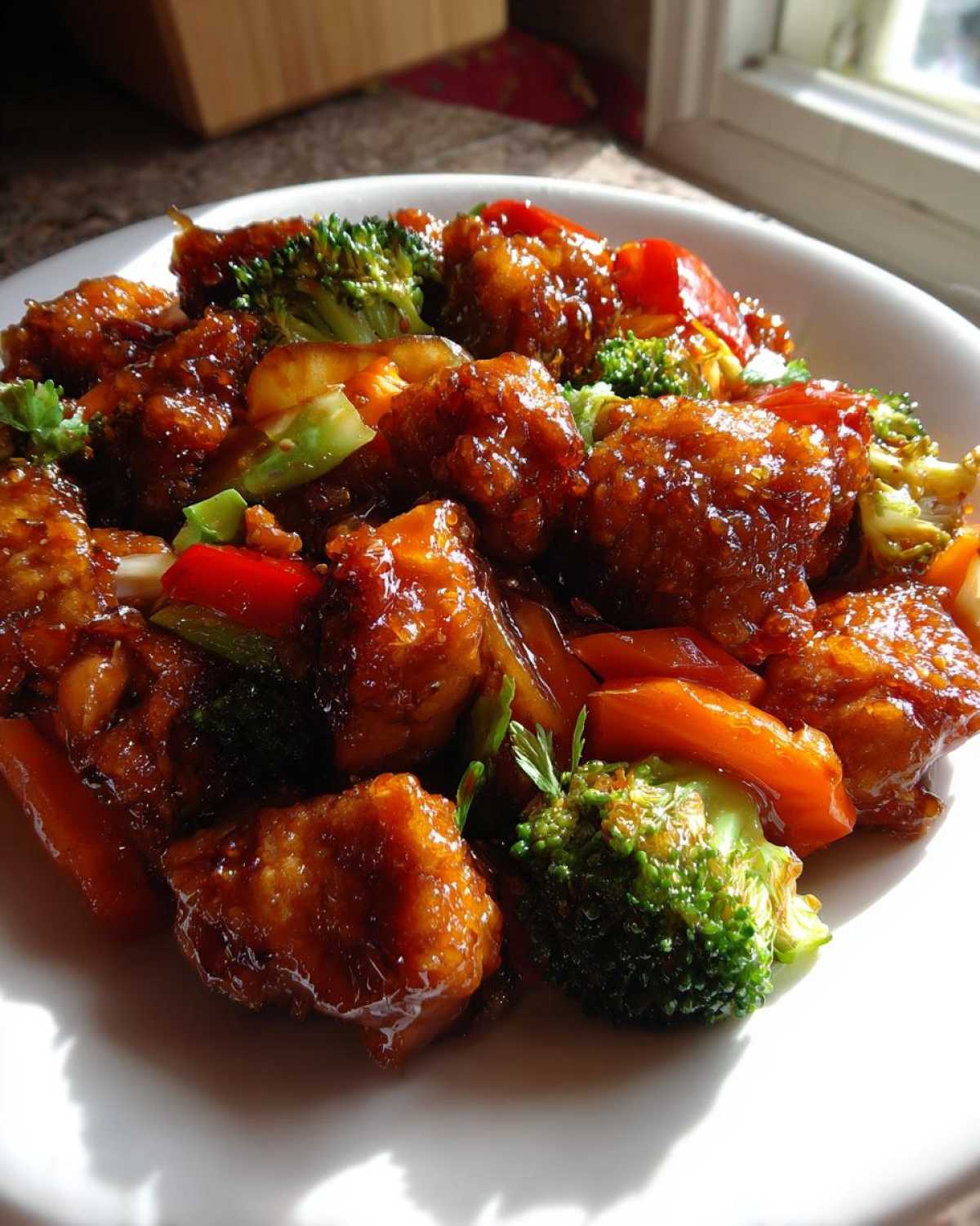 Close-up of Honey Soy Chicken Skillet pieces coated in glossy sauce with bright broccoli florets and sliced carrots.