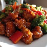 Close-up of glossy, glazed Honey Soy Chicken Skillet with vibrant broccoli, carrots, and red peppers.