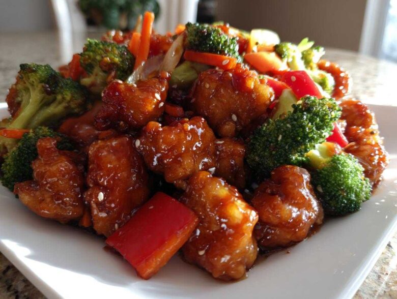 Close-up of glossy, glazed Honey Soy Chicken Skillet with vibrant broccoli, carrots, and red peppers.