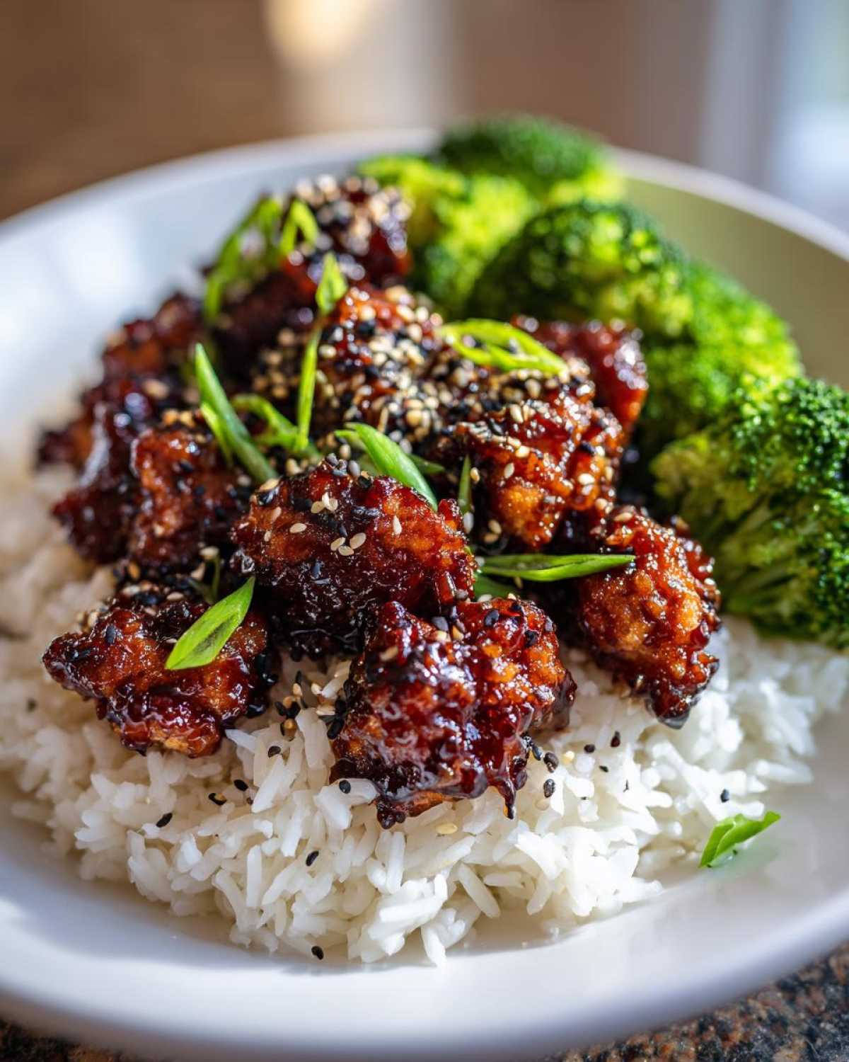 Close-up of Honey Soy Garlic Chicken with Rice Bowl, featuring sticky glazed chicken pieces over white rice and steamed broccoli.
