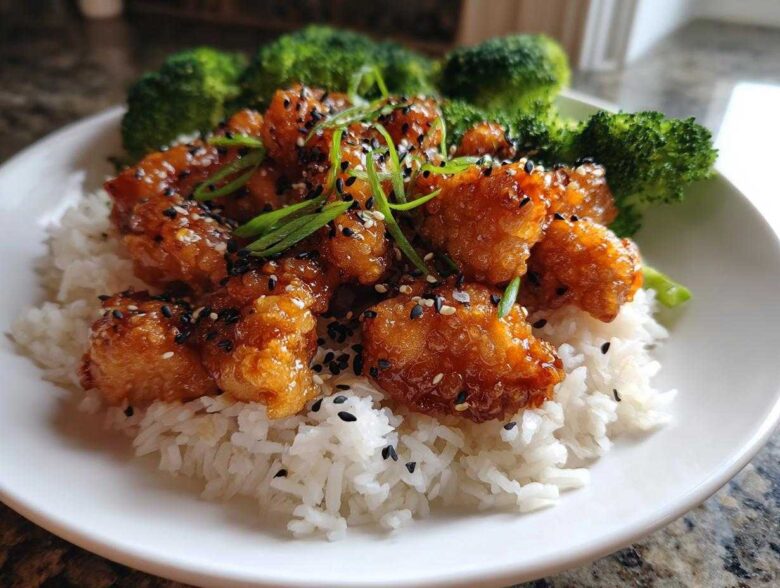 Close-up of Honey Soy Garlic Chicken pieces glazed in sauce, served over white rice with steamed broccoli.
