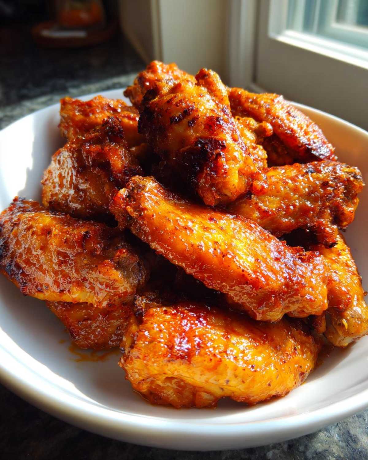 A close-up of oven-baked Honey Sriracha Chicken Wings, glazed and crispy, piled high in a white serving bowl.