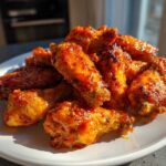 A pile of glossy, crispy Honey Sriracha Chicken Wings Crispy Oven Baked piled high on a white plate.