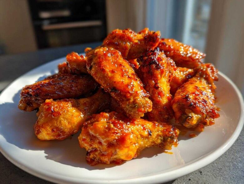A pile of glossy, crispy Honey Sriracha Chicken Wings Crispy Oven Baked piled high on a white plate.