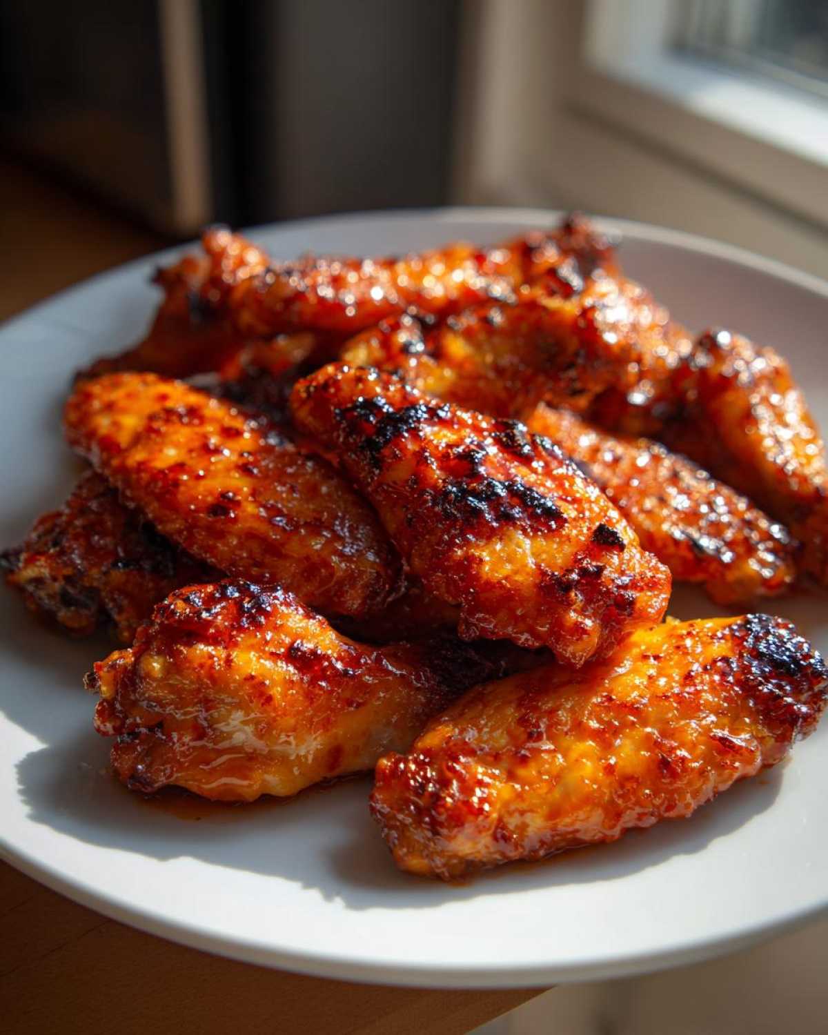 Close-up of several crispy Honey Sriracha Chicken Wings Oven Baked, glazed and slightly charred, piled on a white plate.