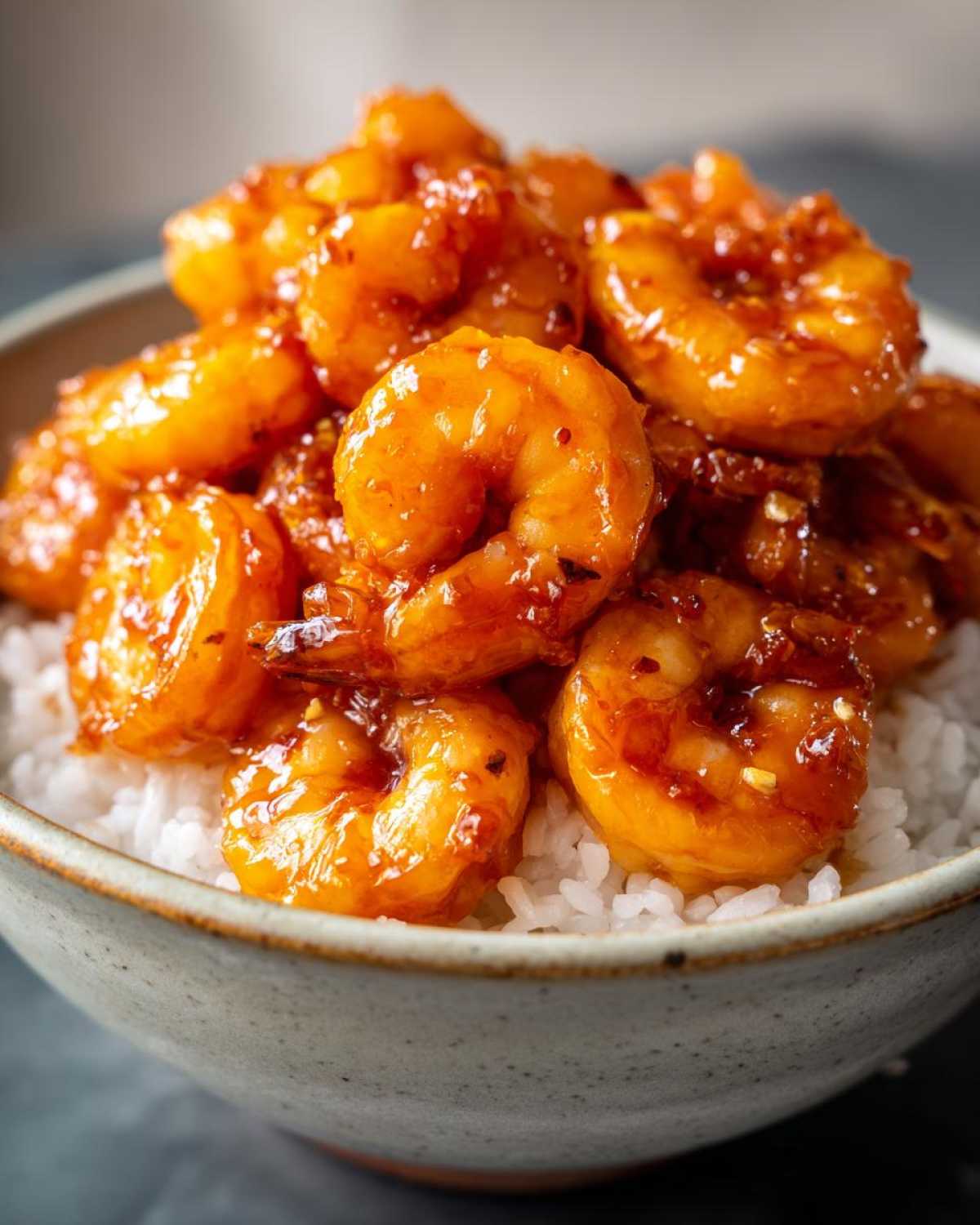 Close-up of glossy, glazed shrimp piled high over white rice in a speckled ceramic bowl, showcasing the Honey Sriracha Shrimp Bowl.