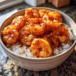 Close-up of a bowl filled with white rice topped with glossy, glazed Honey Sriracha Shrimp.