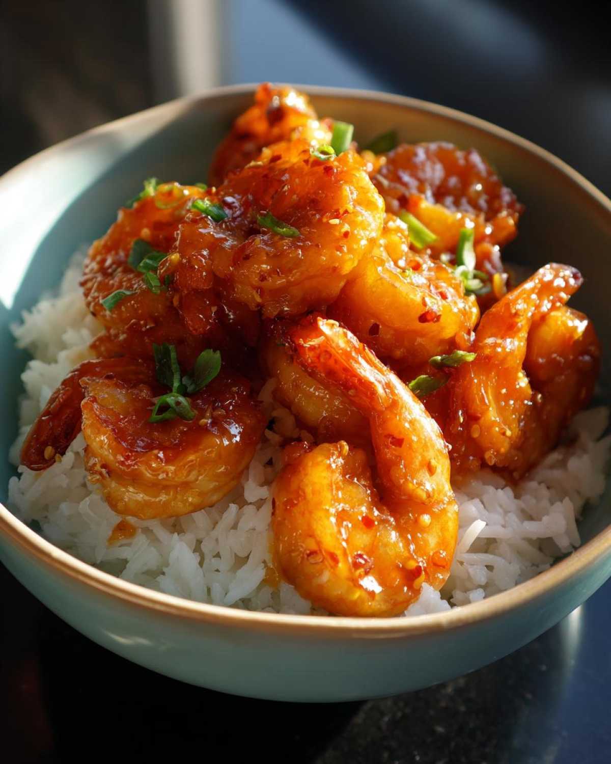 Close-up of a Honey Sriracha Shrimp Bowl featuring glossy, glazed shrimp served over fluffy white rice and garnished with green onions.
