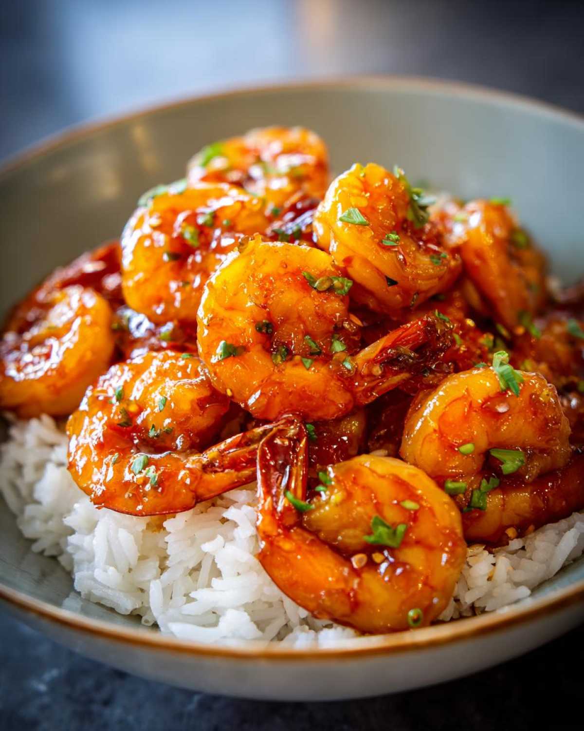 Close-up of glossy, glazed shrimp piled on white rice in a bowl, representing Honey Sriracha Shrimp Bowl.