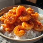 Close-up of a bowl filled with white rice topped generously with glossy, bright orange Honey Sriracha Shrimp.