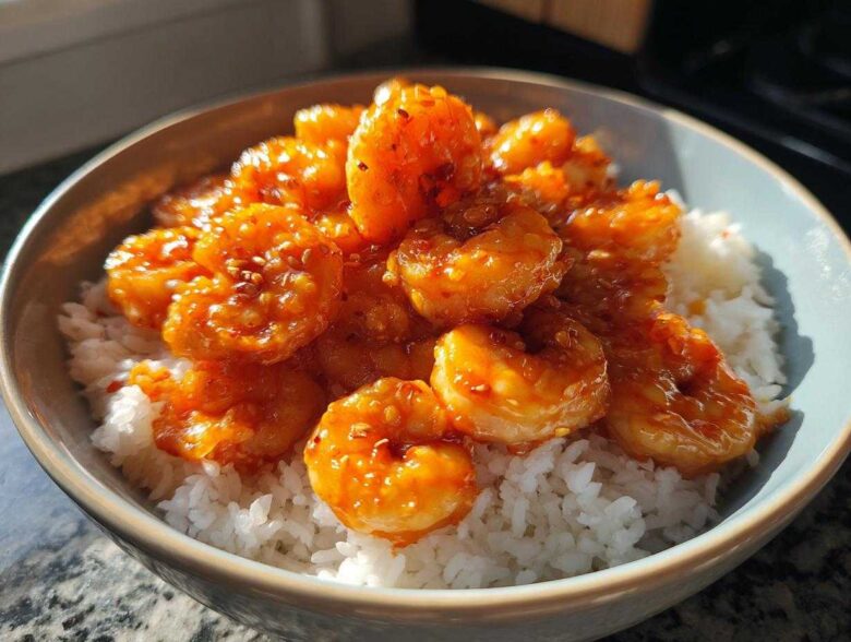 Close-up of a bowl filled with white rice topped generously with glossy, bright orange Honey Sriracha Shrimp.