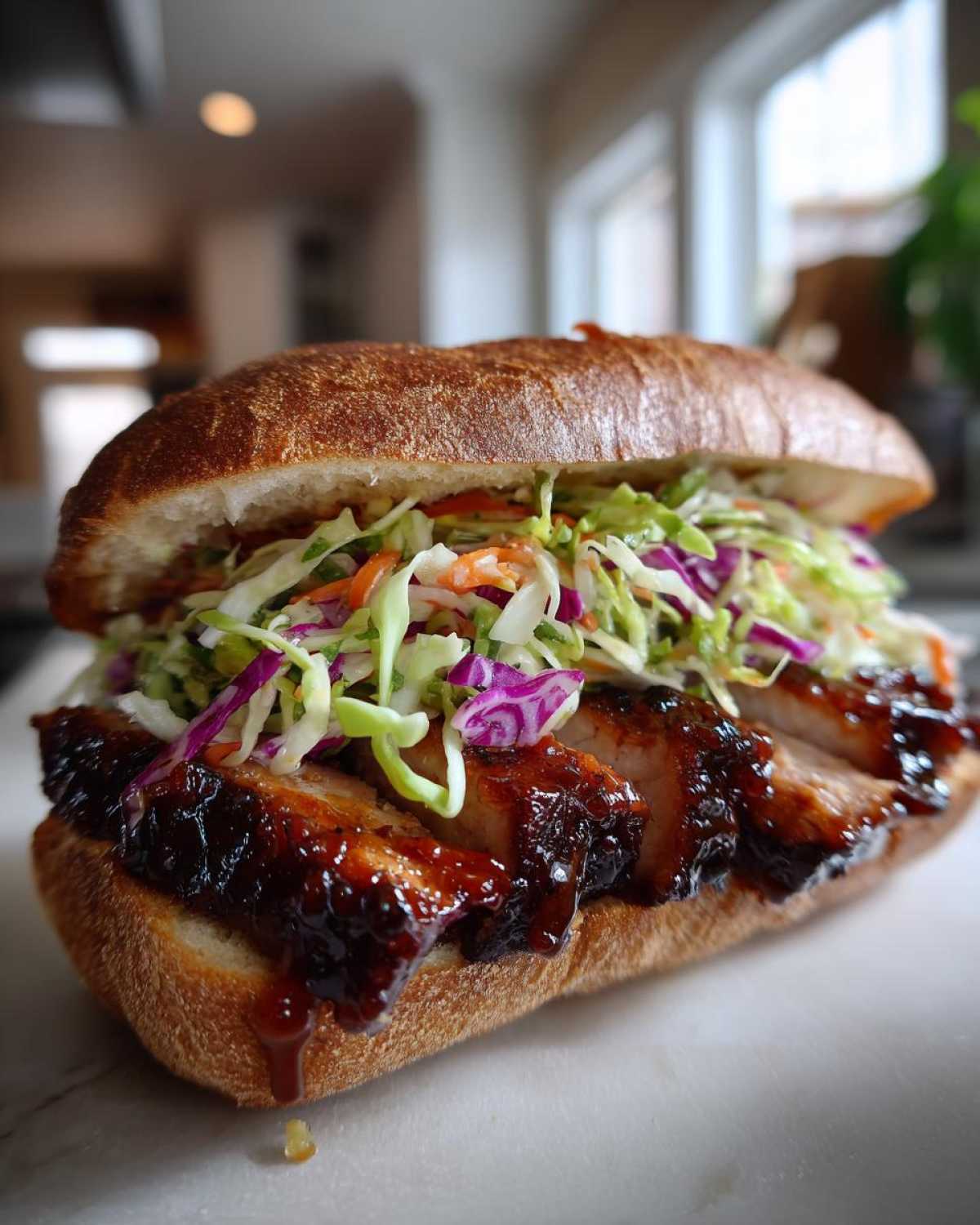 Close-up of a Sticky BBQ Chicken Sandwich loaded with glazed chicken and colorful crunchy slaw on a toasted roll.