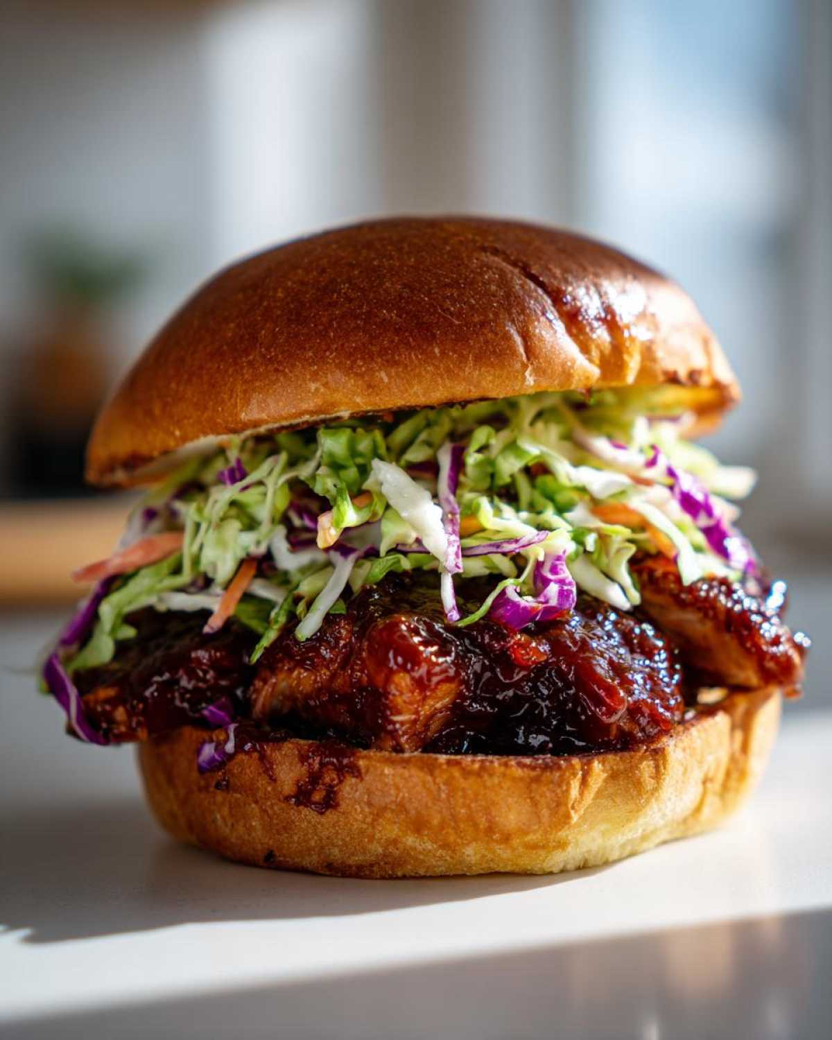 A close-up of a Sticky BBQ Chicken Sandwich featuring saucy chicken and crunchy slaw on a brioche bun.