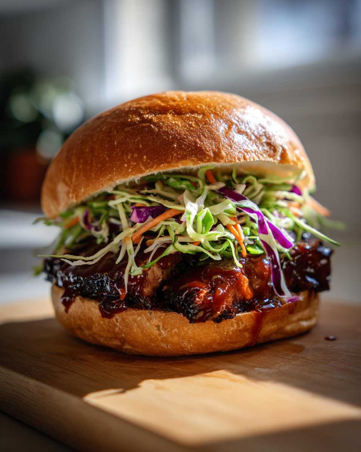 A delicious Sticky BBQ Chicken Sandwich piled high with dark, saucy chicken and vibrant, crunchy coleslaw on a brioche bun.