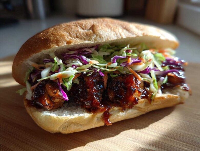 A close-up of a Sticky BBQ Chicken Sandwich overflowing with dark, glossy sauce and topped with vibrant, crunchy coleslaw.