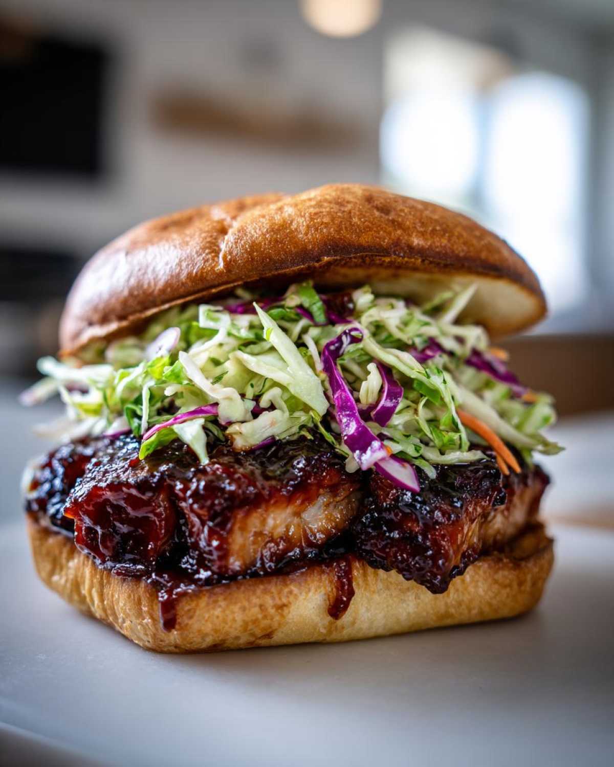 A close-up of a Sticky BBQ Chicken Sandwich featuring thick, glazed chicken and a mound of crunchy coleslaw on a brioche bun.