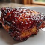 A close-up shot of a single, perfectly cooked piece of Sticky BBQ Chicken Thighs showing a thick, glossy, caramelized glaze.