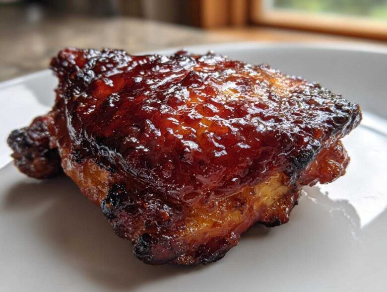 A close-up shot of a single, perfectly cooked piece of Sticky BBQ Chicken Thighs showing a thick, glossy, caramelized glaze.