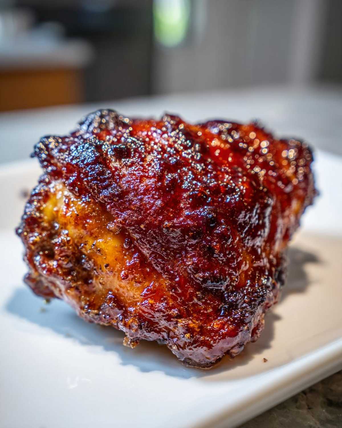 A close-up shot of a single, glazed Sticky BBQ Chicken Thighs piece with a dark, caramelized, and crispy exterior.