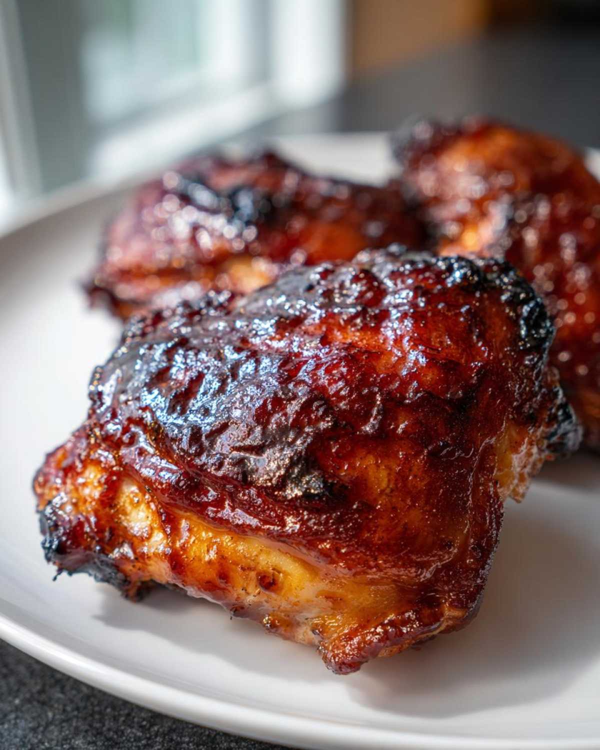 Close-up of three Sticky BBQ Chicken Thighs with crispy, caramelized edges resting on a white plate.