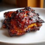 Close-up of two pieces of Sticky BBQ Chicken Thighs with crispy, caramelized edges resting on a white plate.