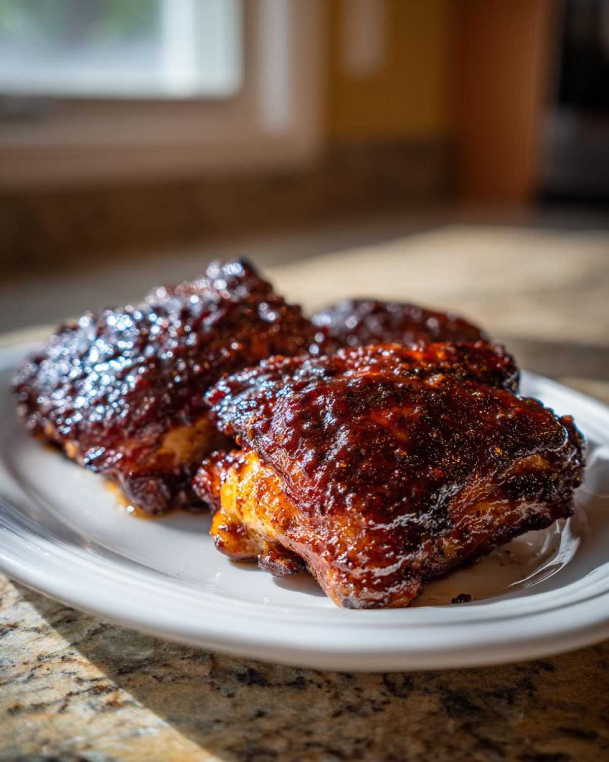 Close-up of three Sticky BBQ Chicken Thighs with Honey Glaze, glistening under bright light on a white platter.