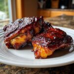 Close-up of three Sticky BBQ Chicken Thighs with Honey Glaze, glistening with a dark, caramelized sauce on a white plate.