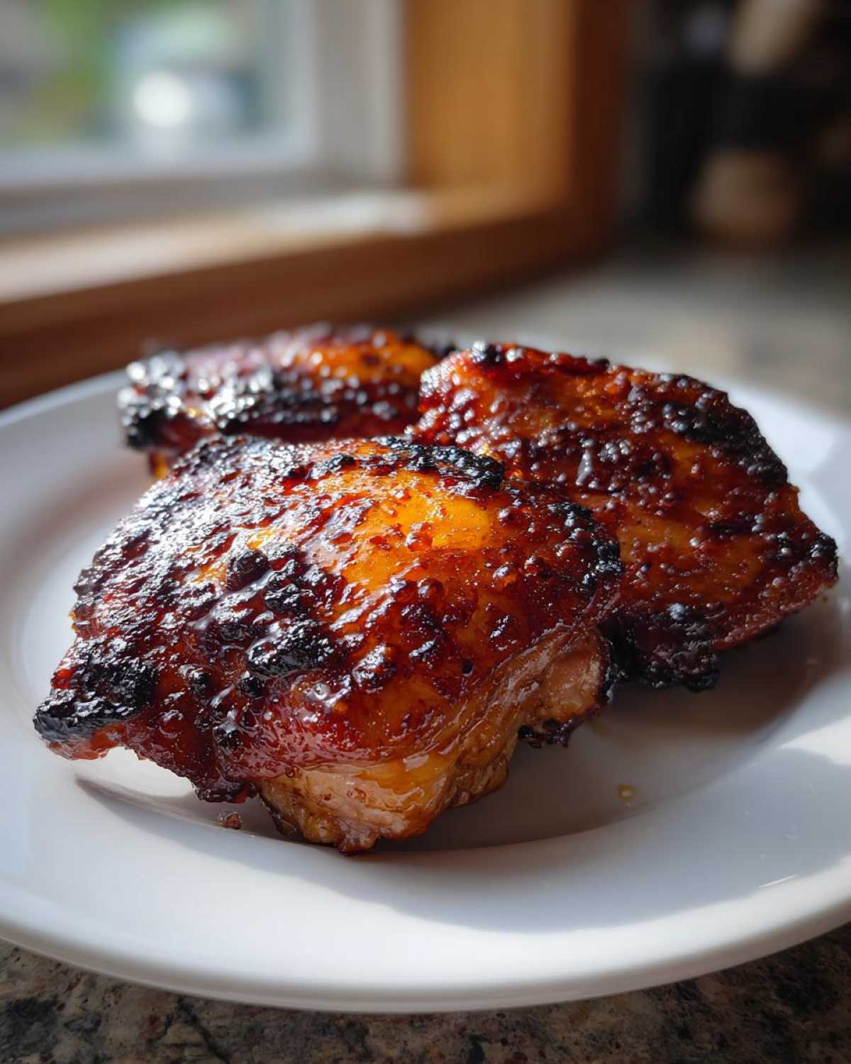 Three pieces of perfectly cooked Sticky BBQ Chicken Thighs with Honey Glaze, glistening on a white plate.