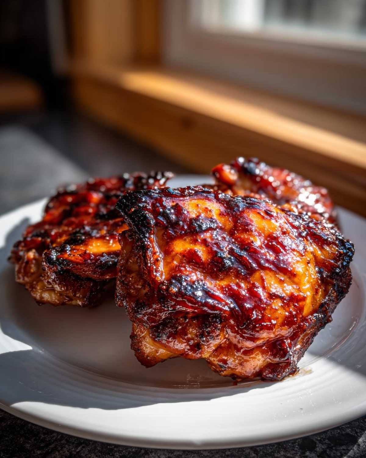 Close-up of perfectly cooked Sticky BBQ Chicken Thighs glistening with a dark, caramelized honey glaze.
