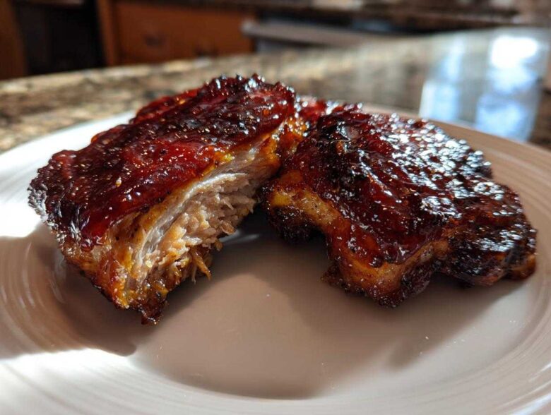 Two pieces of tender Sticky BBQ Chicken Thighs with Honey Glaze cut open on a white plate.