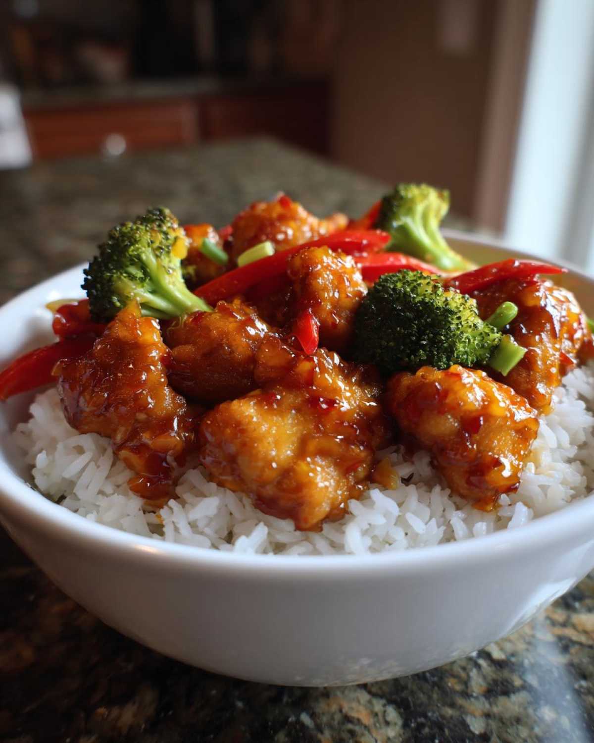 Close-up of a Sticky Orange Chicken Bowl featuring glazed chicken pieces over white rice with bright green broccoli florets.