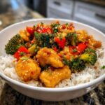 Close-up of a white bowl filled with Sticky Orange Chicken Bowl with Rice, broccoli, and red peppers.
