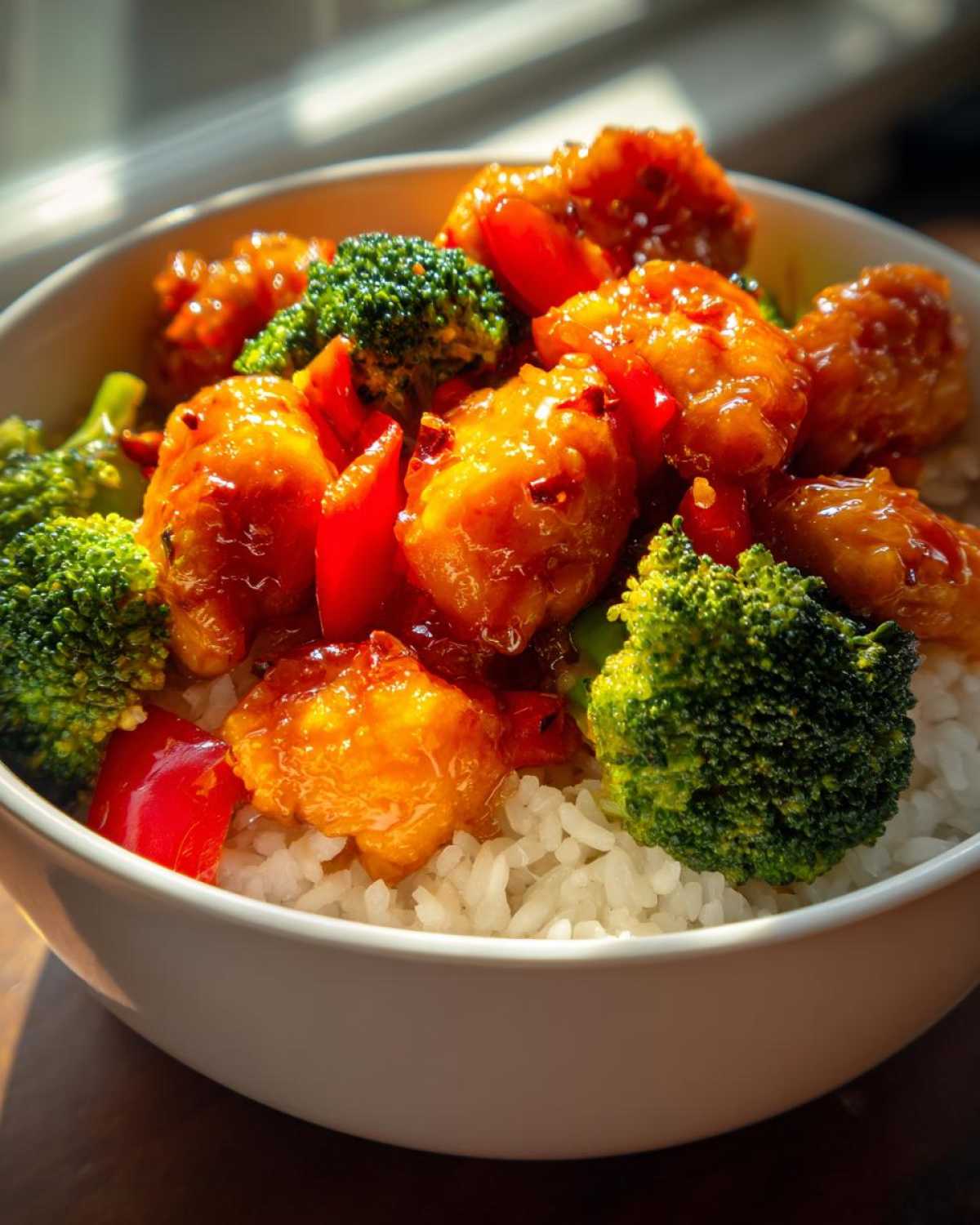 A close-up of a Sticky Orange Chicken Bowl with Rice and Veggies, featuring glazed chicken, bright green broccoli, and red peppers.