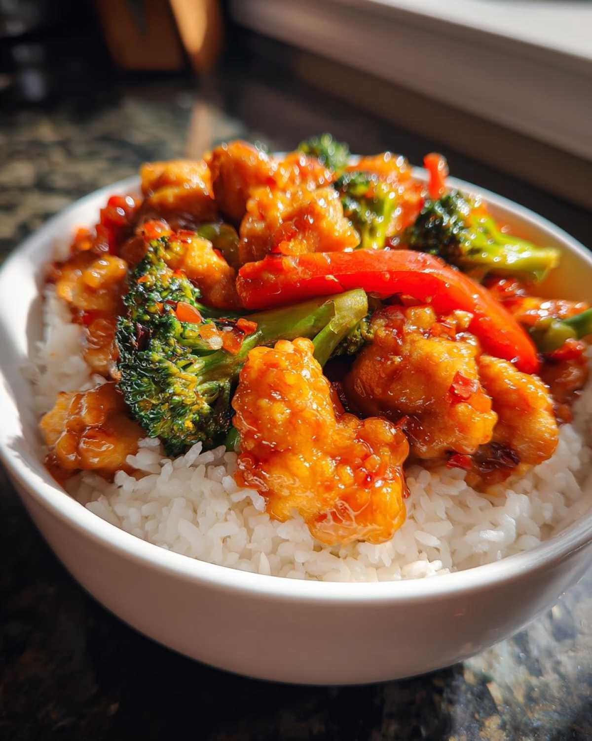 A close-up of a white bowl filled with white rice topped with saucy, crispy Sticky Orange Chicken Bowl with Rice and Veggies, broccoli, and red peppers.