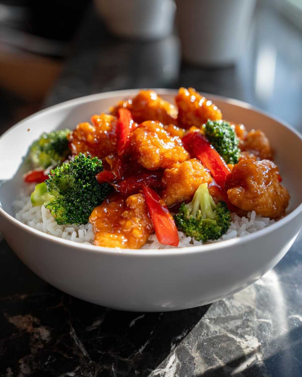 A white bowl filled with Sticky Orange Chicken Bowl with Rice and Veggies, featuring glazed chicken, broccoli, and red peppers.