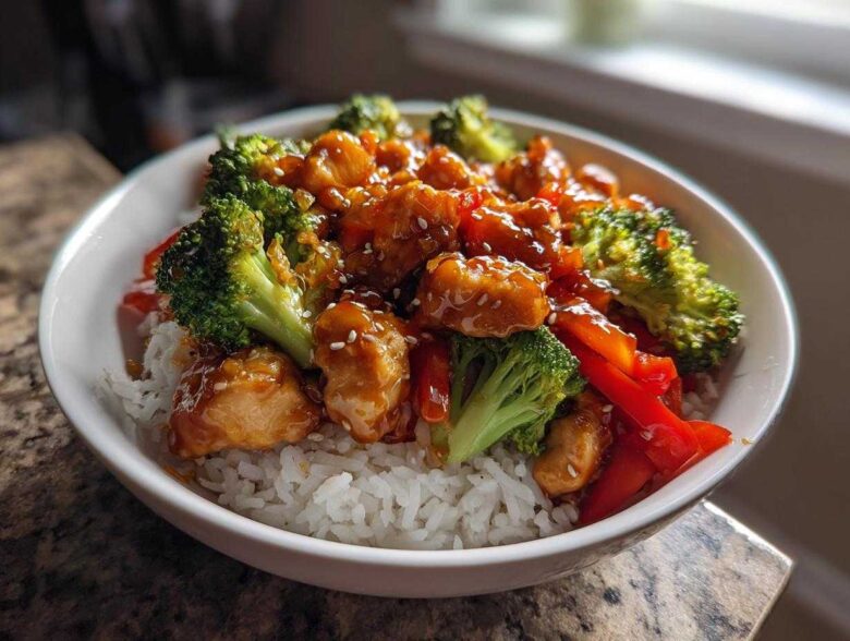 A close-up of a Sticky Orange Chicken Bowl with rice, bright green broccoli, and red bell peppers, topped with sesame seeds.