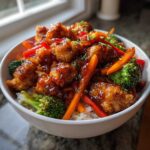 Close-up of a white bowl filled with Sticky Orange Chicken Bowl with Veggies, featuring glazed chicken pieces over rice and colorful vegetables.