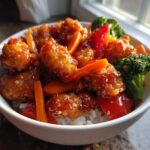 Close-up of a white bowl filled with Sticky Orange Chicken Bowl with Veggies served over white rice.